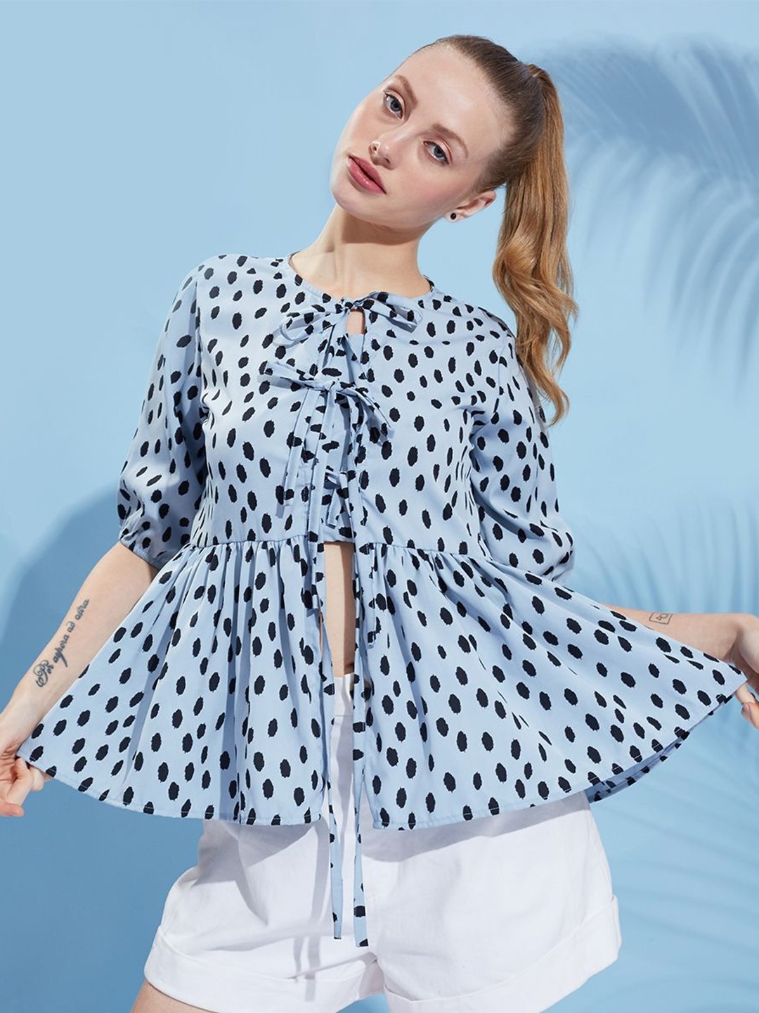 

all about you Women Animal Print Tie-Up Neck Puff Sleeves Peplum Top, Blue