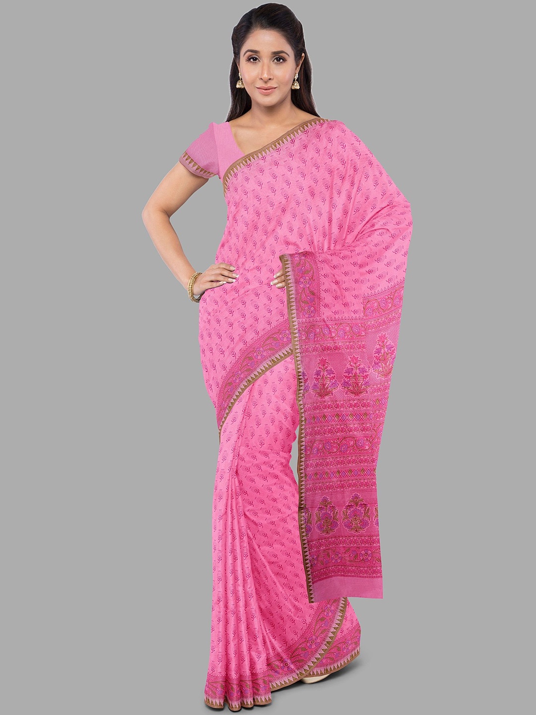 

The Chennai Silks Floral Print Pure Cotton Chanderi Saree, Pink