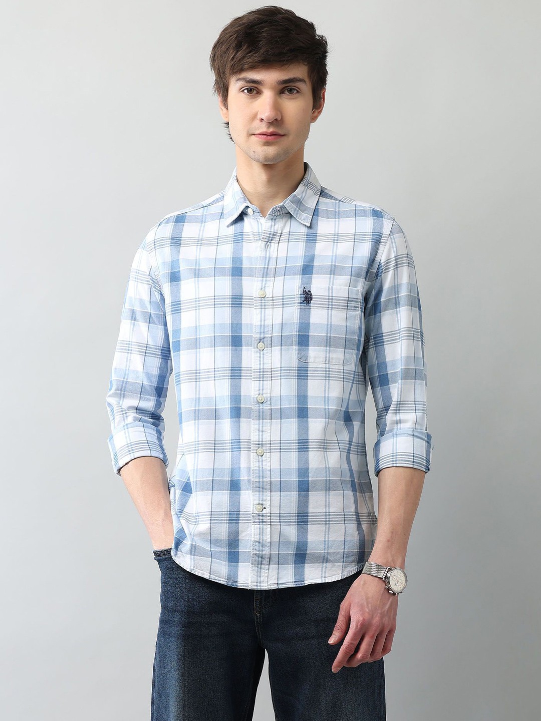 

U.S. Polo Assn. Denim Co. Men Classic Regular Fit Checked Cotton Casual Shirt, Blue