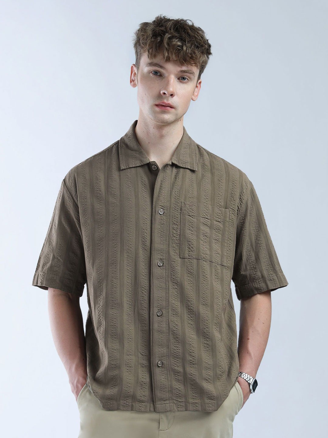

Flying Machine Men Relaxed Oversized Fit Spread Collar Solid Cotton Casual Shirt, Brown