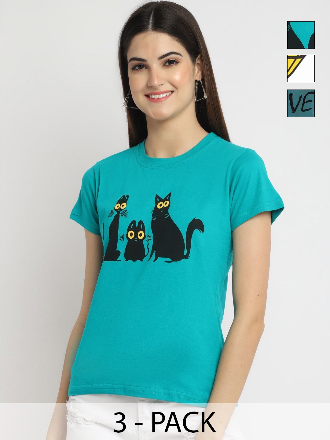 

Dreambe Women Pack of 3 Donald Duck Graphic Printed Round Neck Cotton T-shirts, Teal