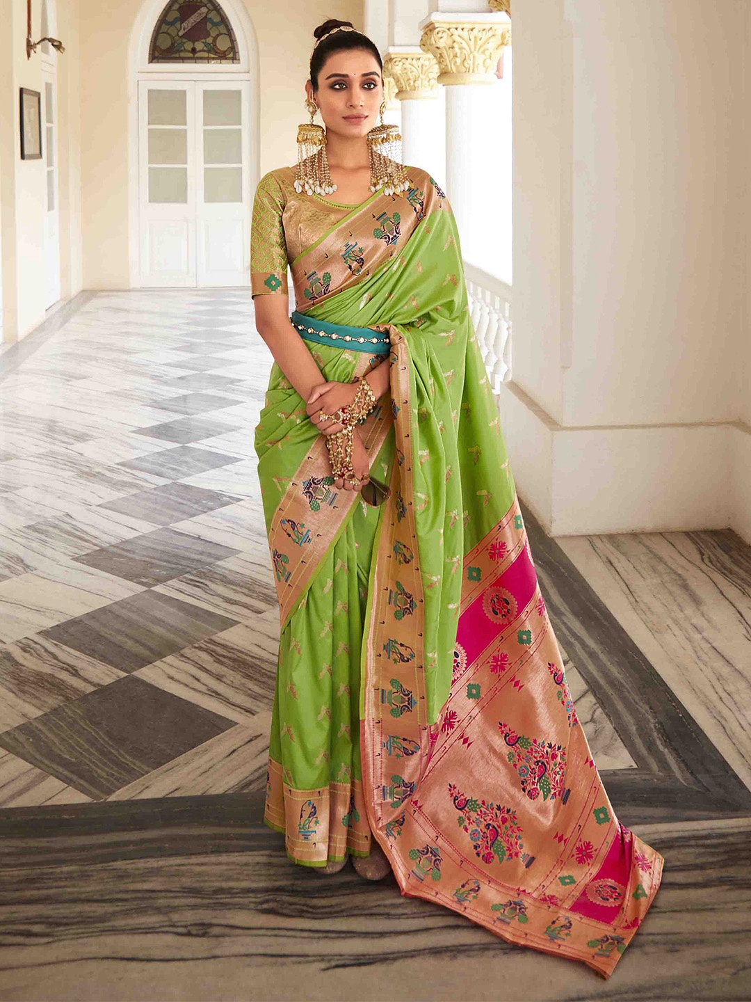 

Mitera Woven Design Zari Pure Georgette Paithani Saree, Green