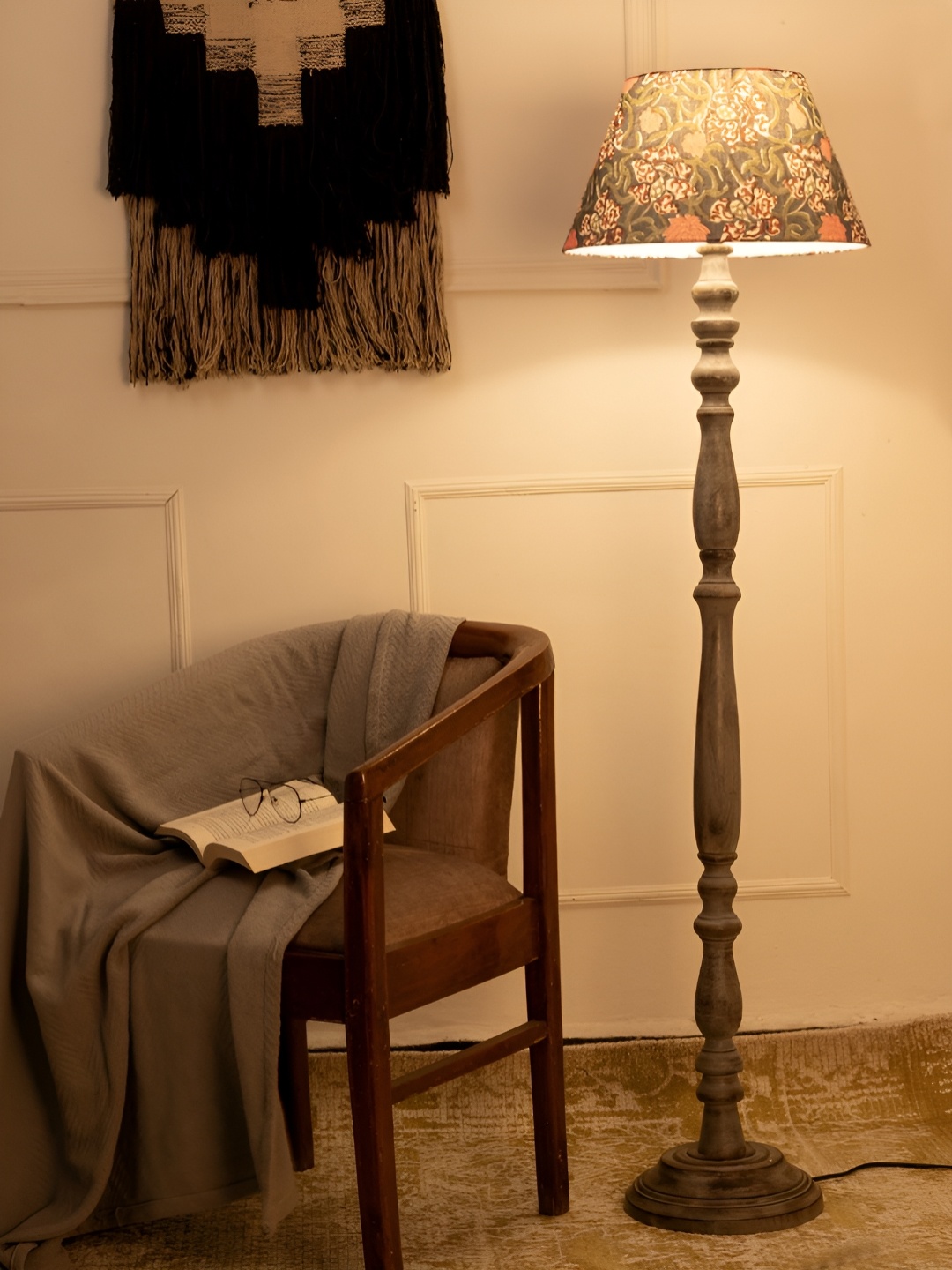 

green girgit Grey & Pink Floral Printed Wooden Frustum Shaped Taper Floor Lamp