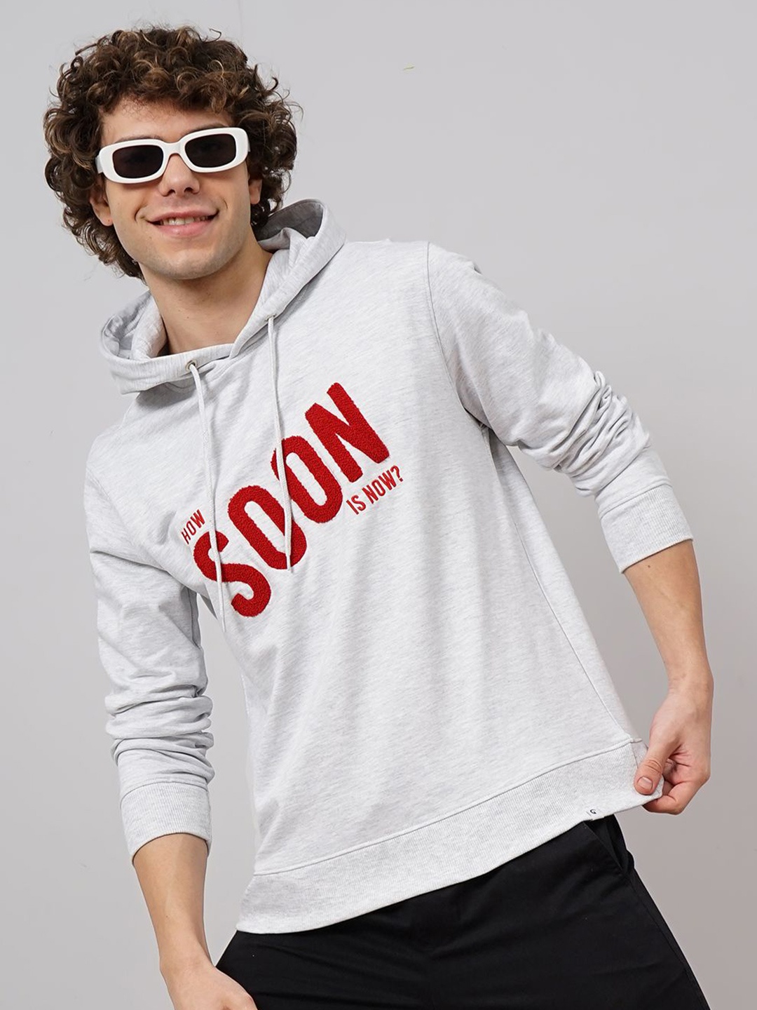 

Genoa Men Typography Embroidered Hooded Sweatshirt, Cream