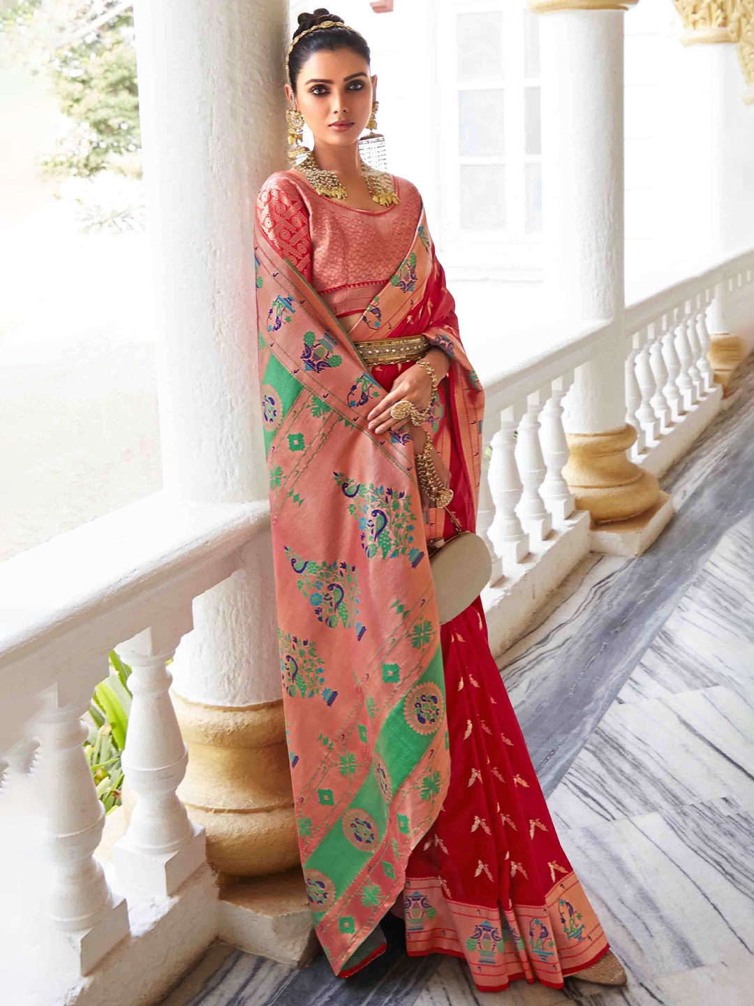 

Mitera Woven Design Pure Georgette Paithani Saree, Red