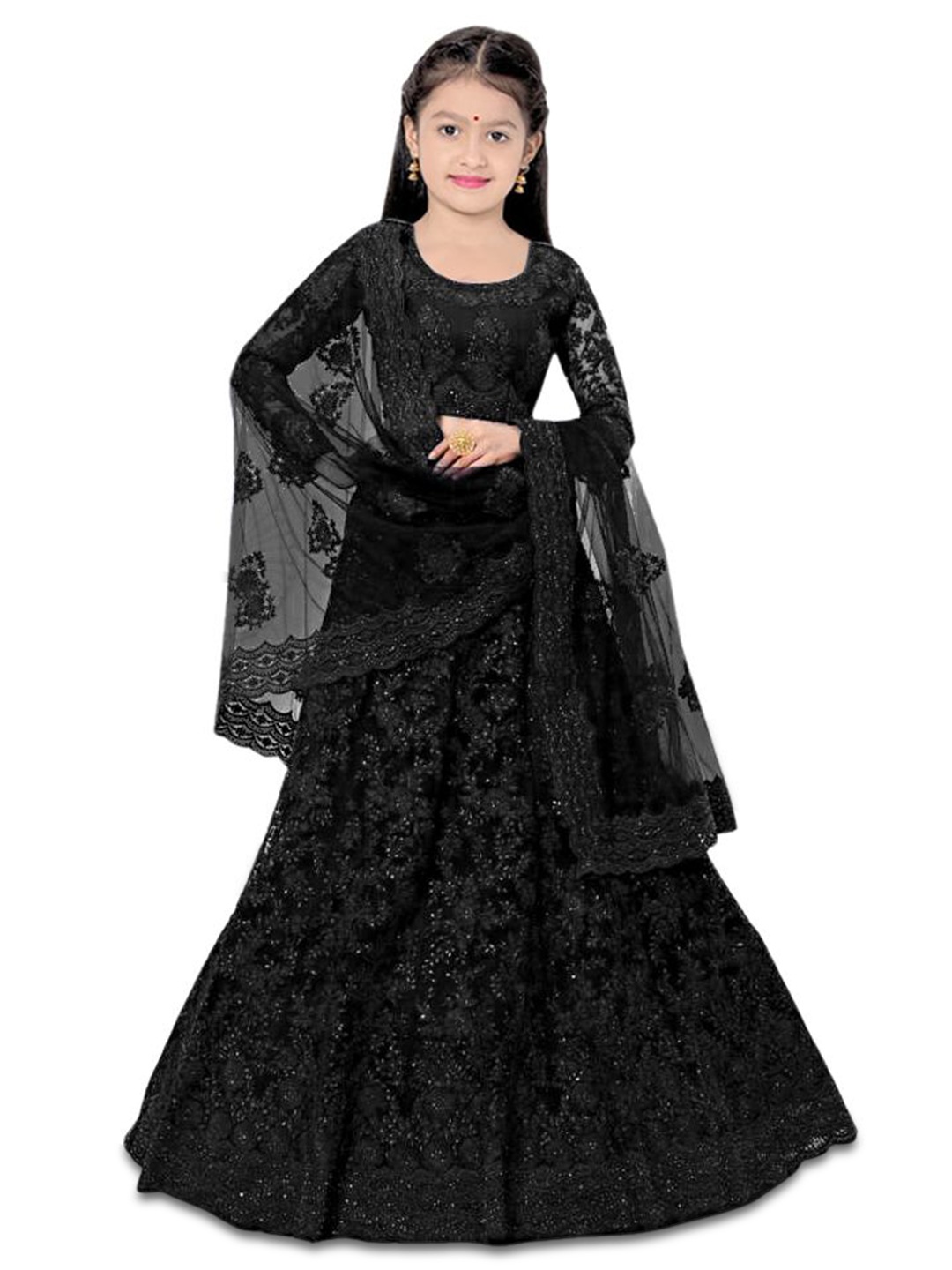 

BAESD Girls Embroidered Semi-Stitched Lehenga & Unstitched Blouse With Dupatta, Black