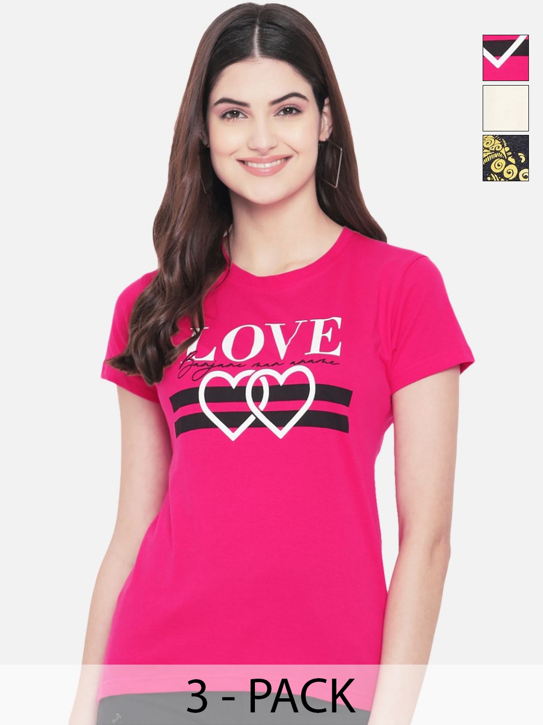 

Dreambe Pack Of 3 Typography Printed Round Neck Short Sleeves Cotton T-shirt, Pink