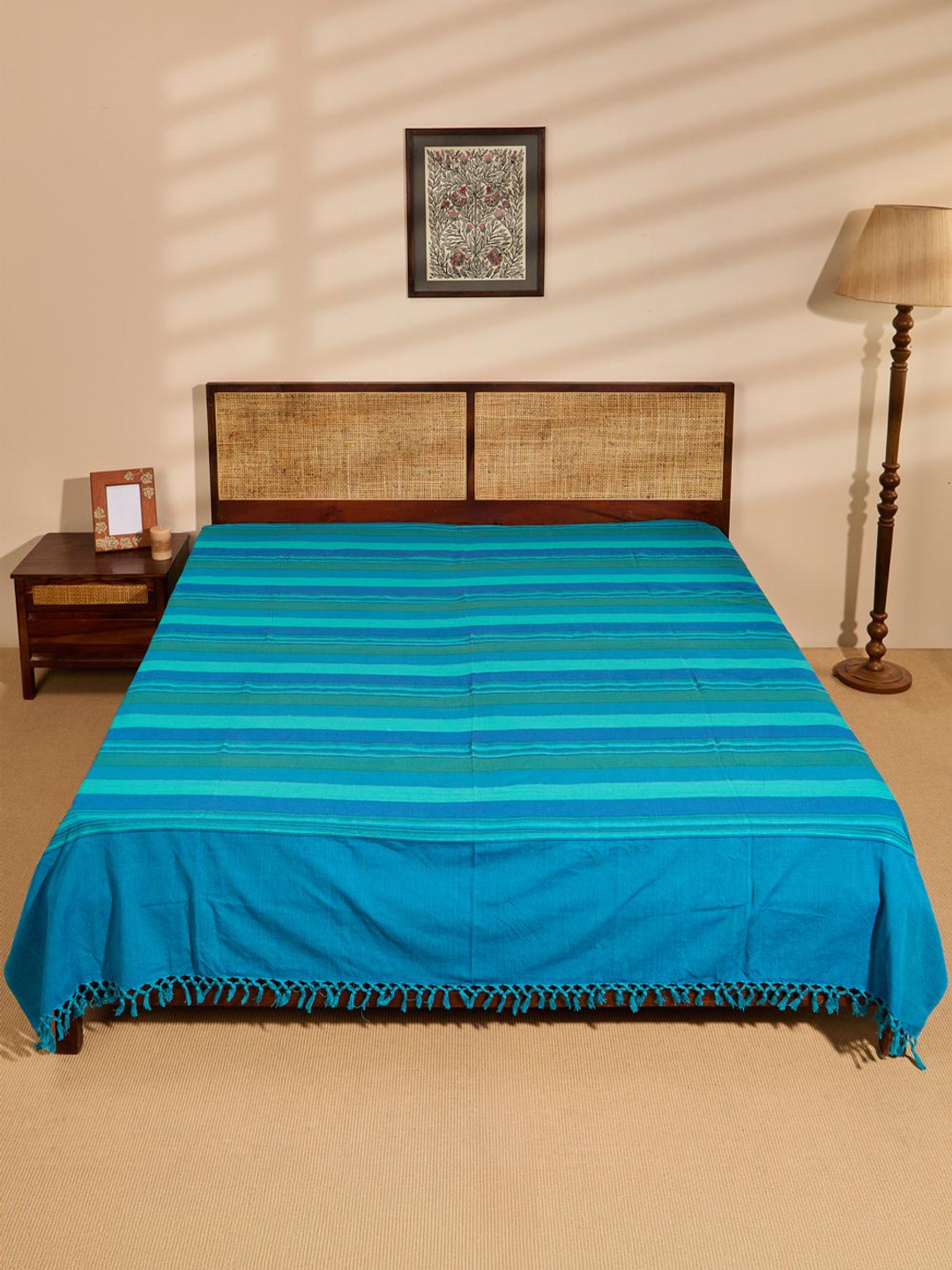 

Fabindia Turquoise Blue Striped Cotton Double King Bed Cover