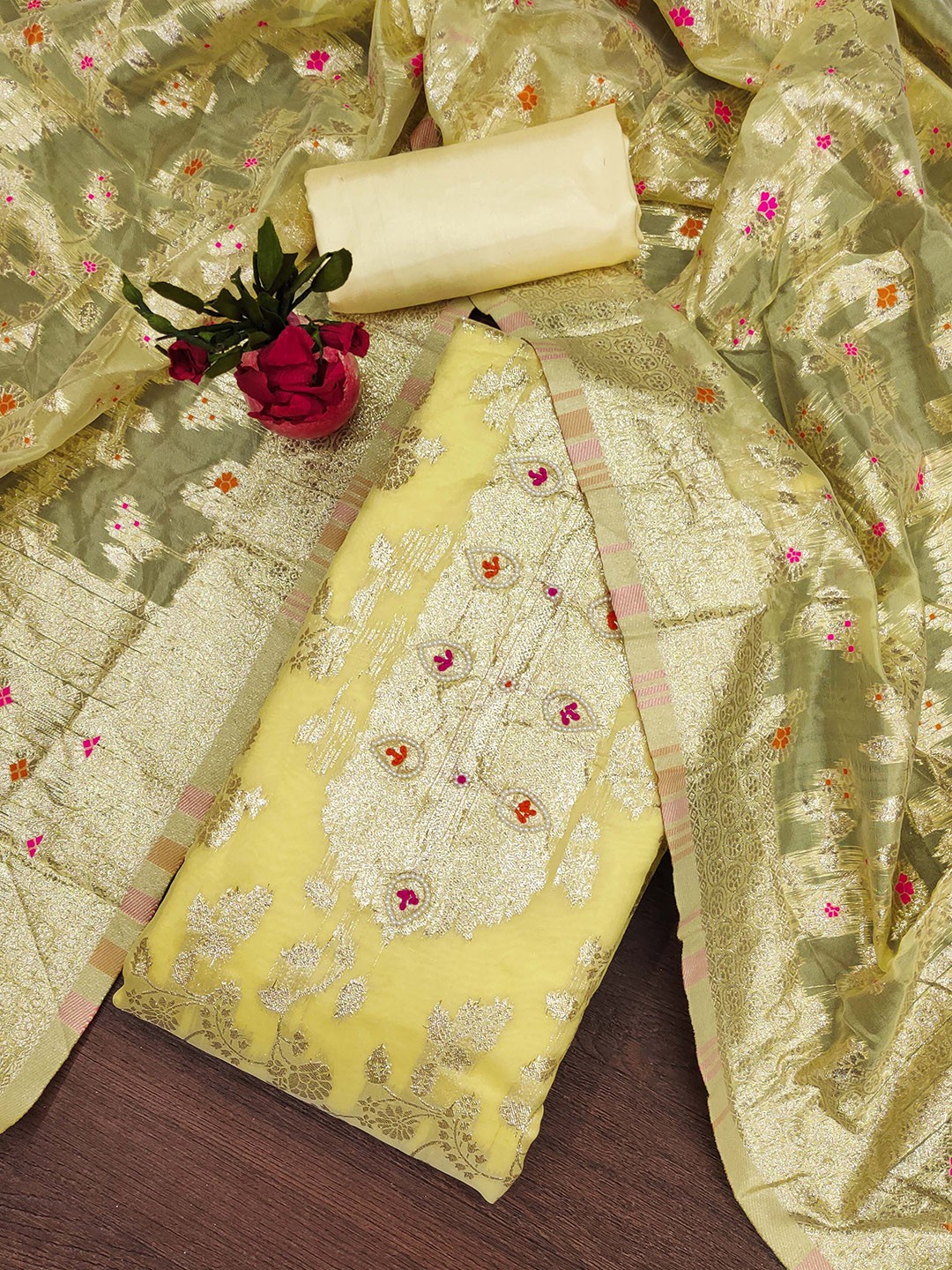 

SHADOW & SAINING Floral Woven Design Jacquard Semi-Stitched Dress Material, Yellow