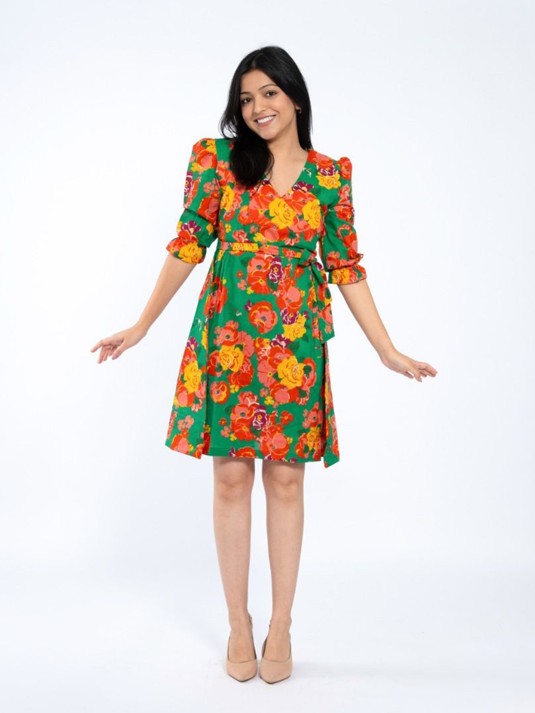 

Shreetatvam Women Green Floral Above Knee A-Line Dress