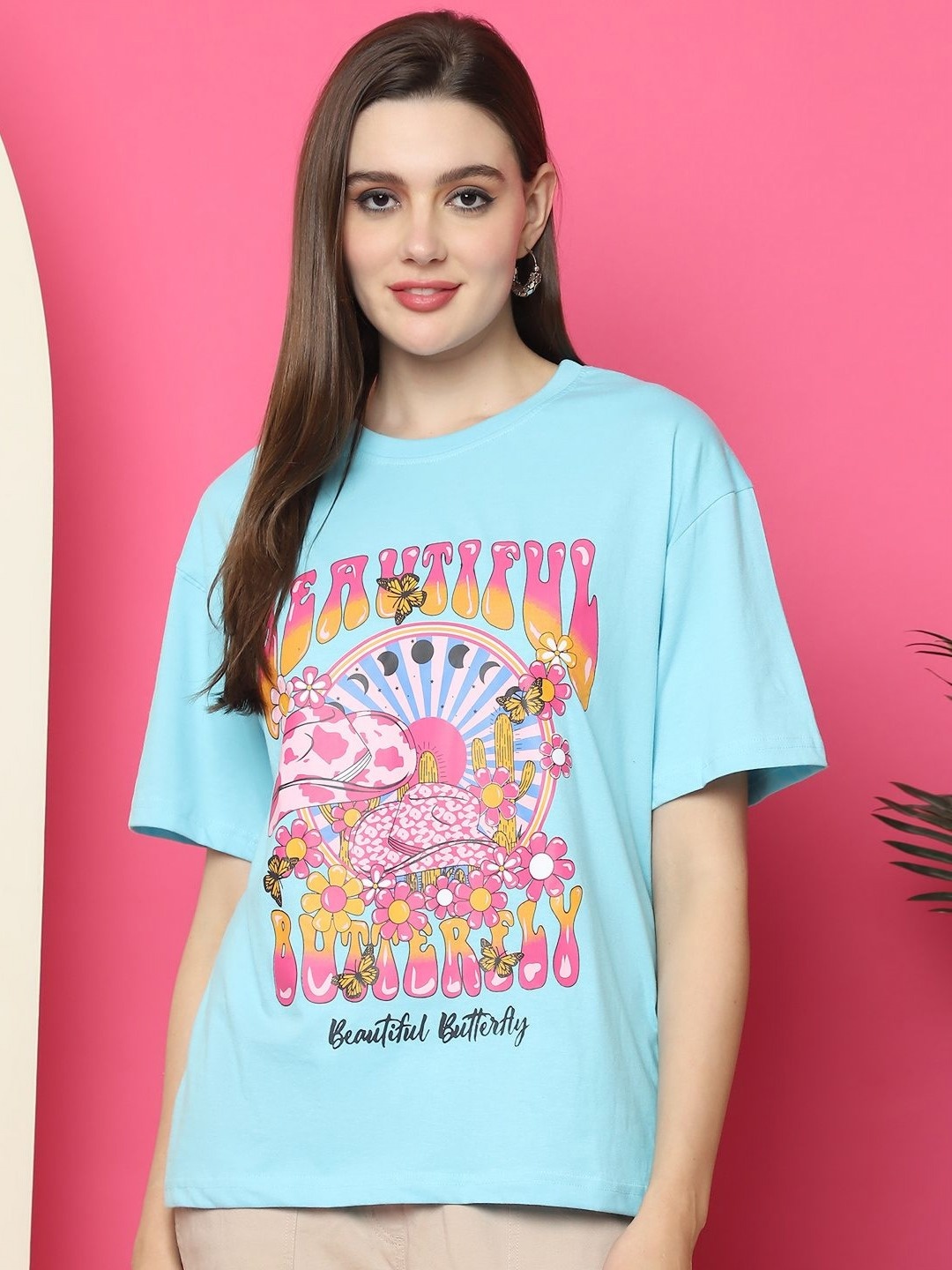 

Metronaut Women Graphic Printed Round Neck Cotton Oversized T-shirt, Blue