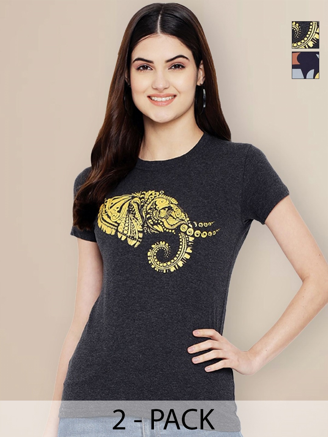 

GLOBAL NOMAD Women Pack of 2 Graphic Printed Round Neck Cotton T-shirts, Charcoal
