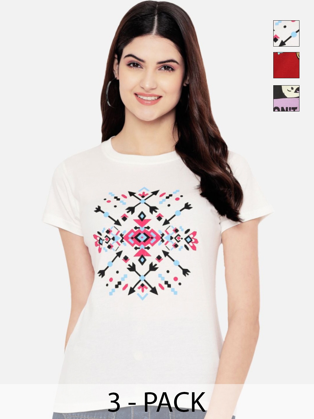 

Dreambe Women Pack of 3 Graphic Printed Round Neck Cotton T-shirts, White