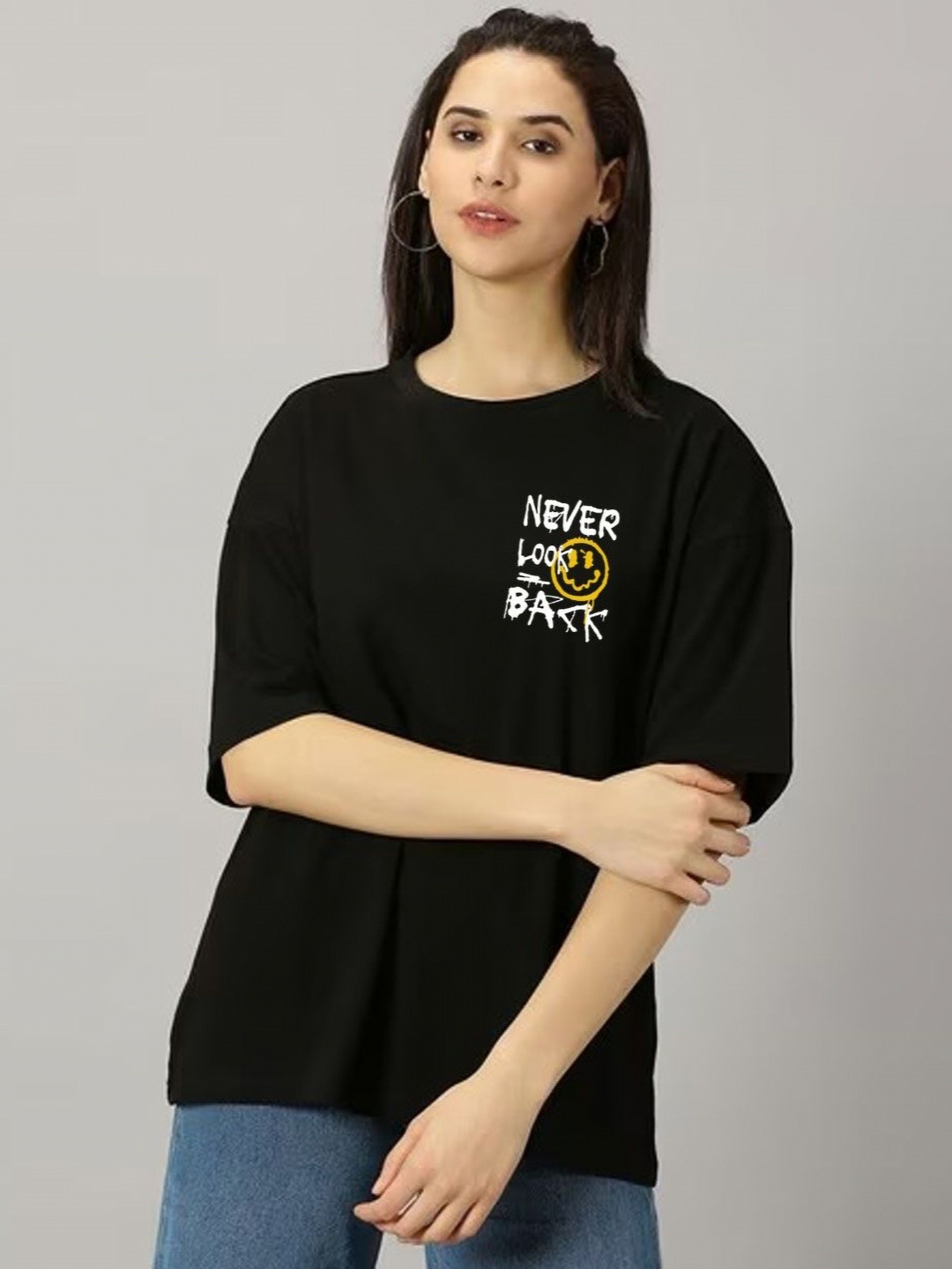 

LECOWAR Women Typography Printed Round Neck Cotton Oversized T-shirt, Black