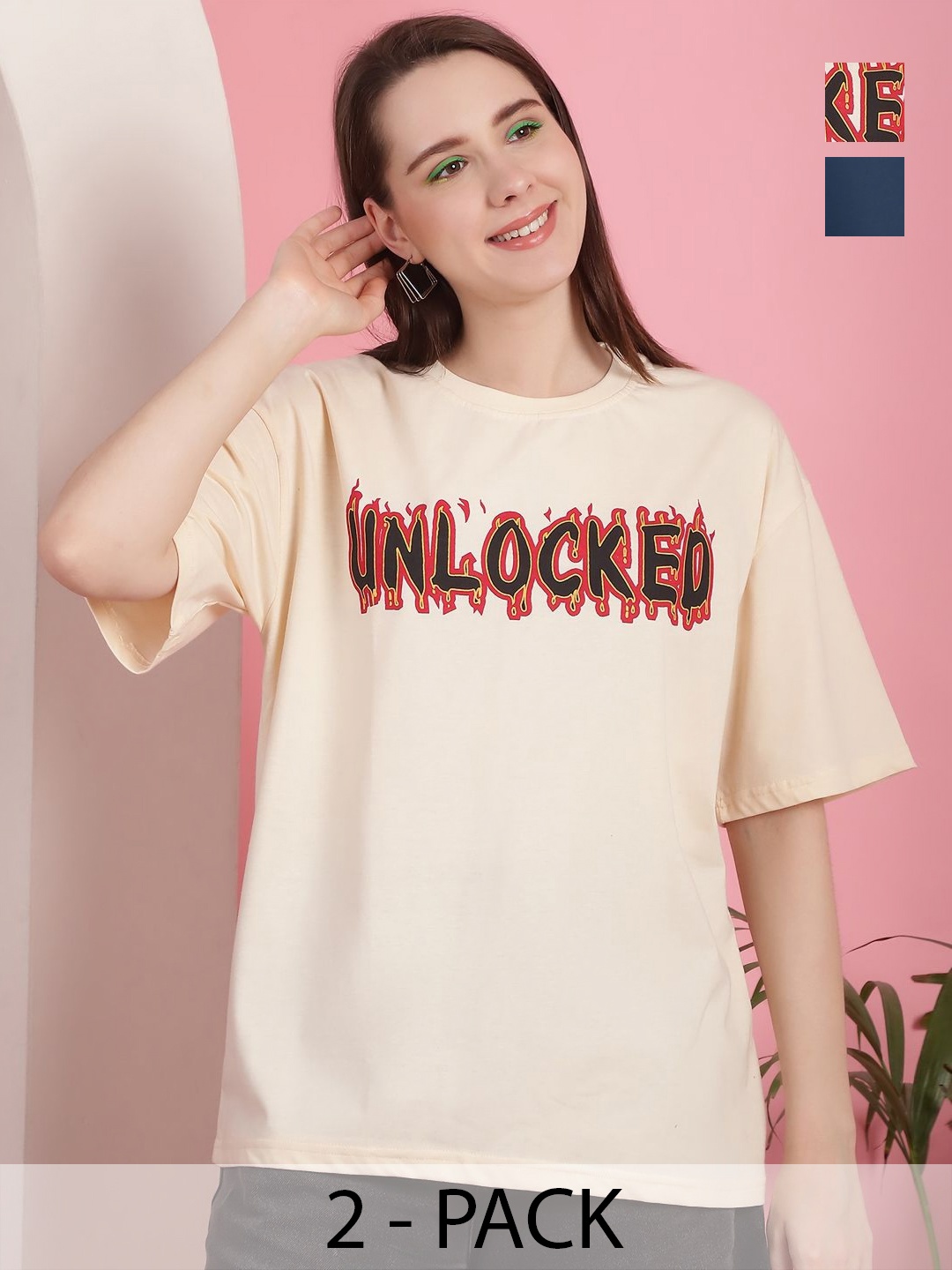 

GLOBAL NOMAD Women Pack Of 2 Graphic Printed Round Neck Cotton Oversized T-shirts, Cream