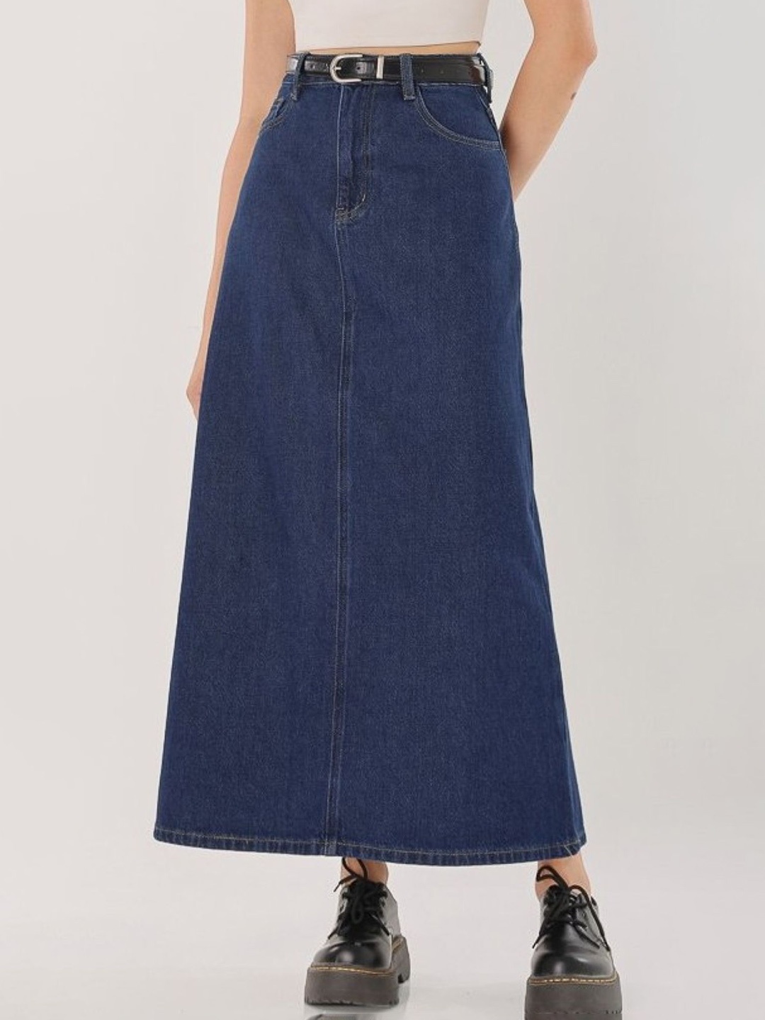 

Tripursundari Fashion Dyed Buttoned A-Line Maxi Skirt, Navy blue