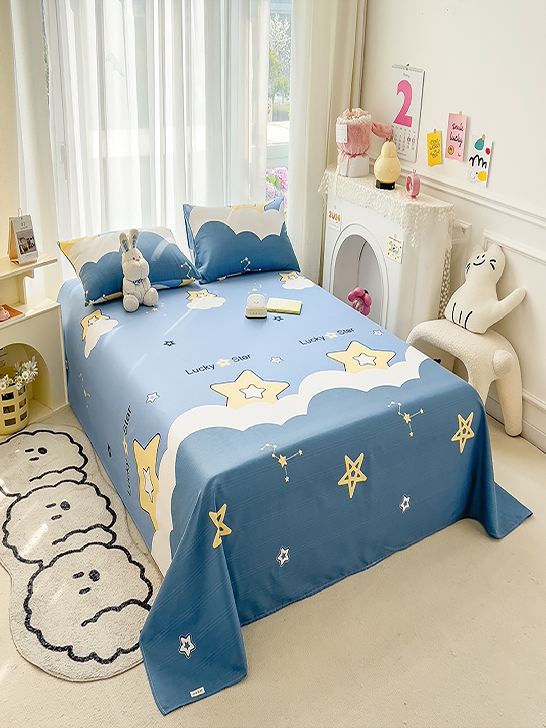 

JC HOME Blue & Yellow 140 TC Single Bedsheet with 1 Pillow Covers