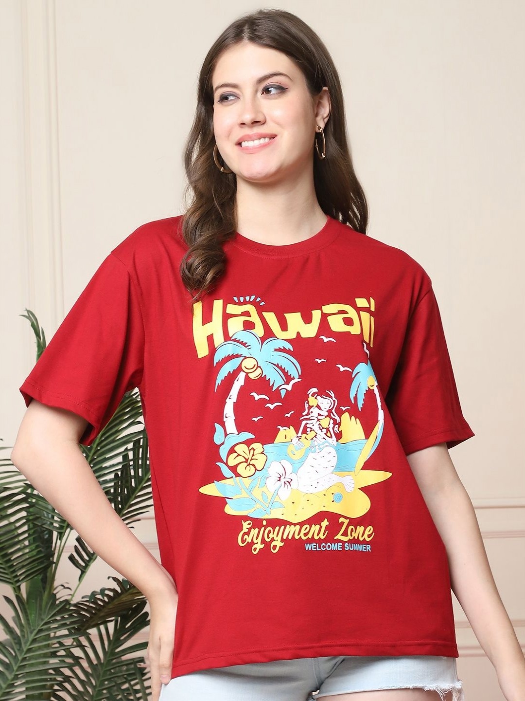 

Metronaut Women Graphic Printed Round Neck Cotton Oversized T-shirt, Red