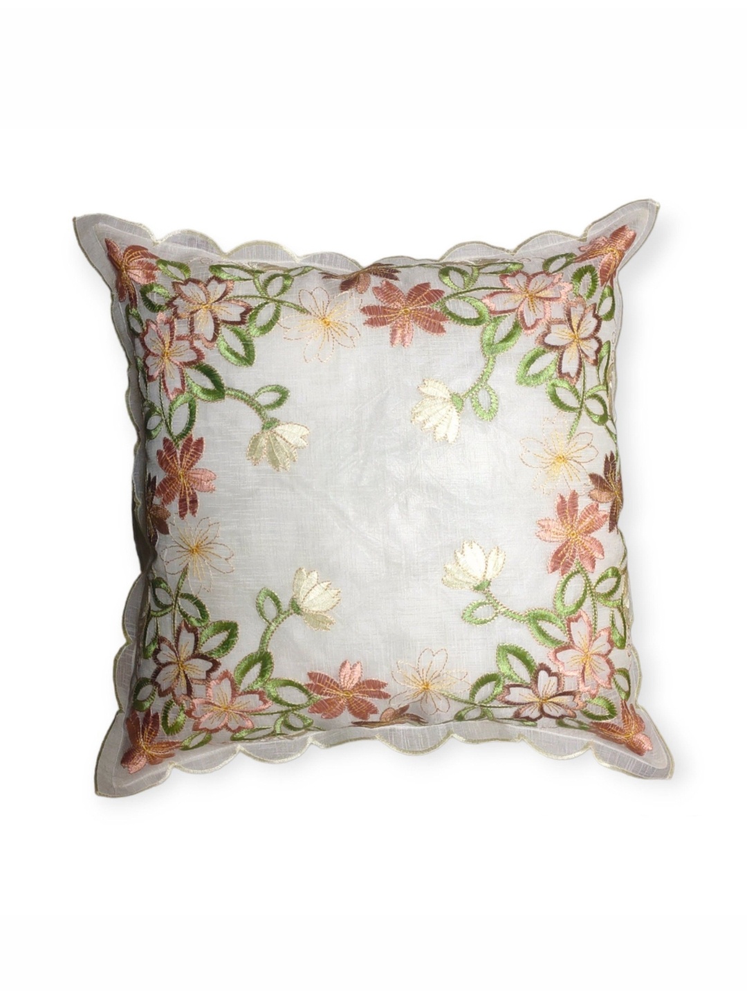 

TANLOOMS Brown & Green Floral Embroidered Square Cushion Cover