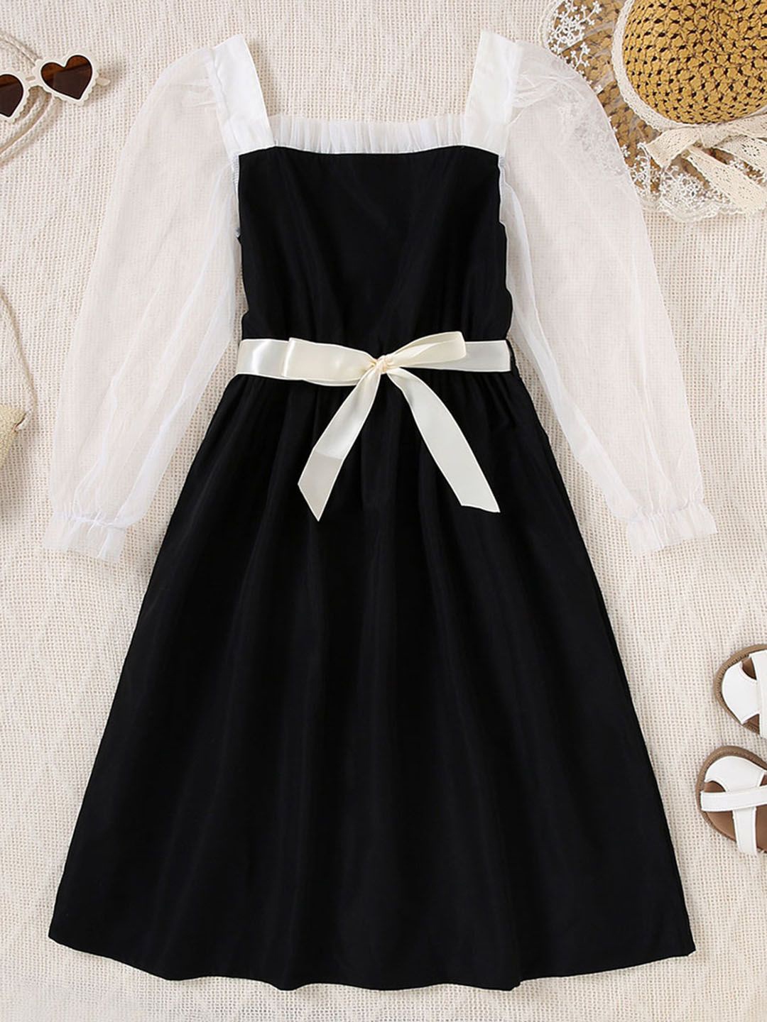 

INCLUD Girls Puff Sleeve Fit & Flare Midi Dress, Black