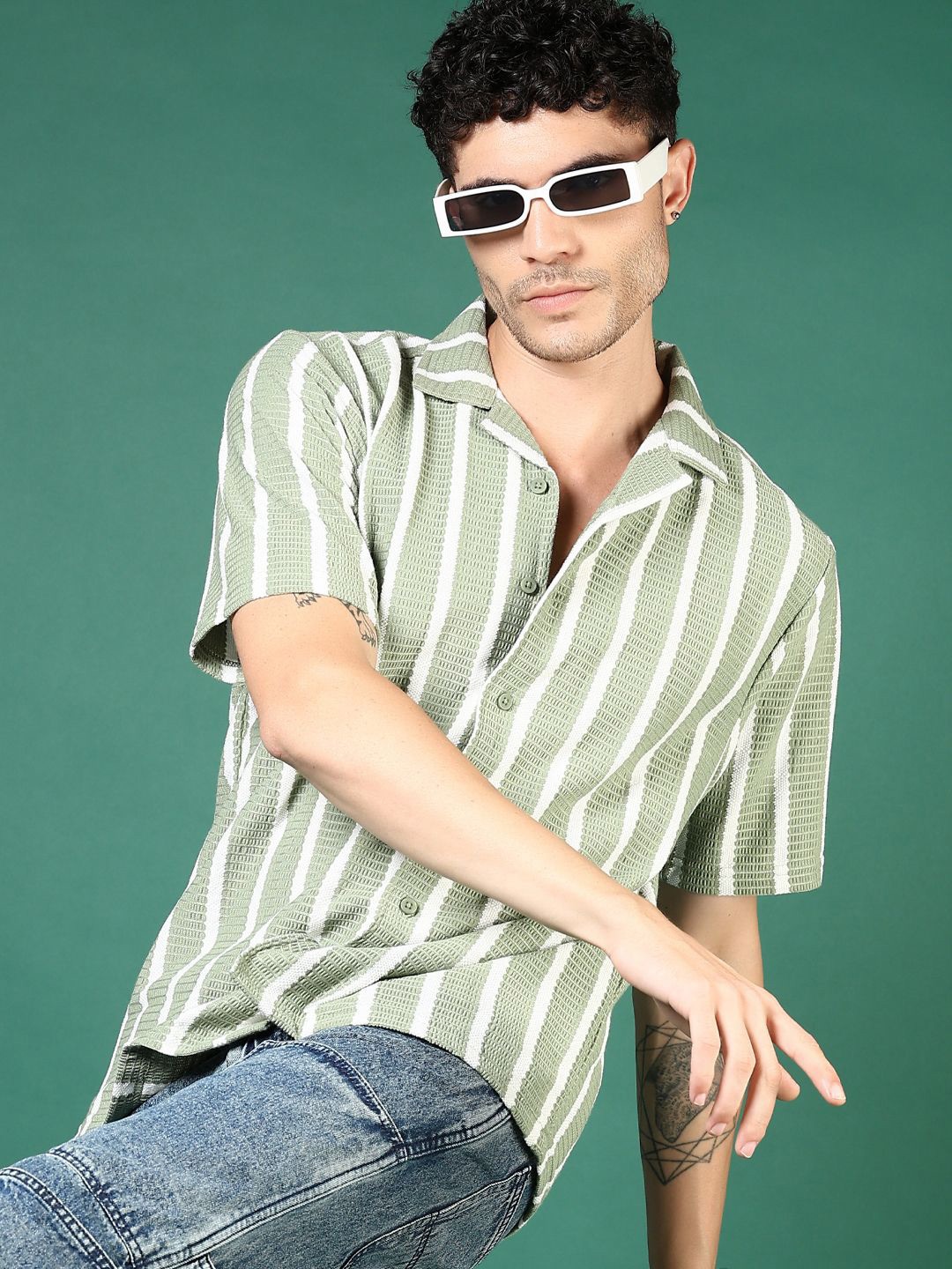 

V-Mart Men Cuban Collar Vertical Striped Cotton Casual Shirt, Green