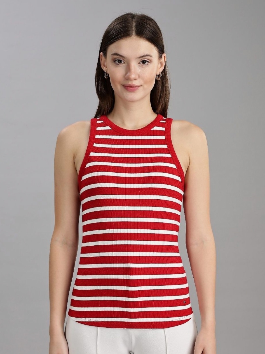 

Tommy Hilfiger Women Striped Round Neck Slim Fit T-shirt, Red