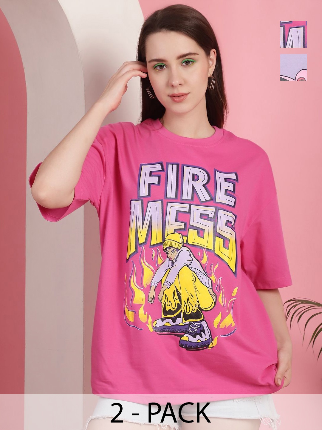 

GLOBAL NOMAD Women Pack Of 2 Graphic Printed Round Neck Cotton Oversized T-shirts, Pink