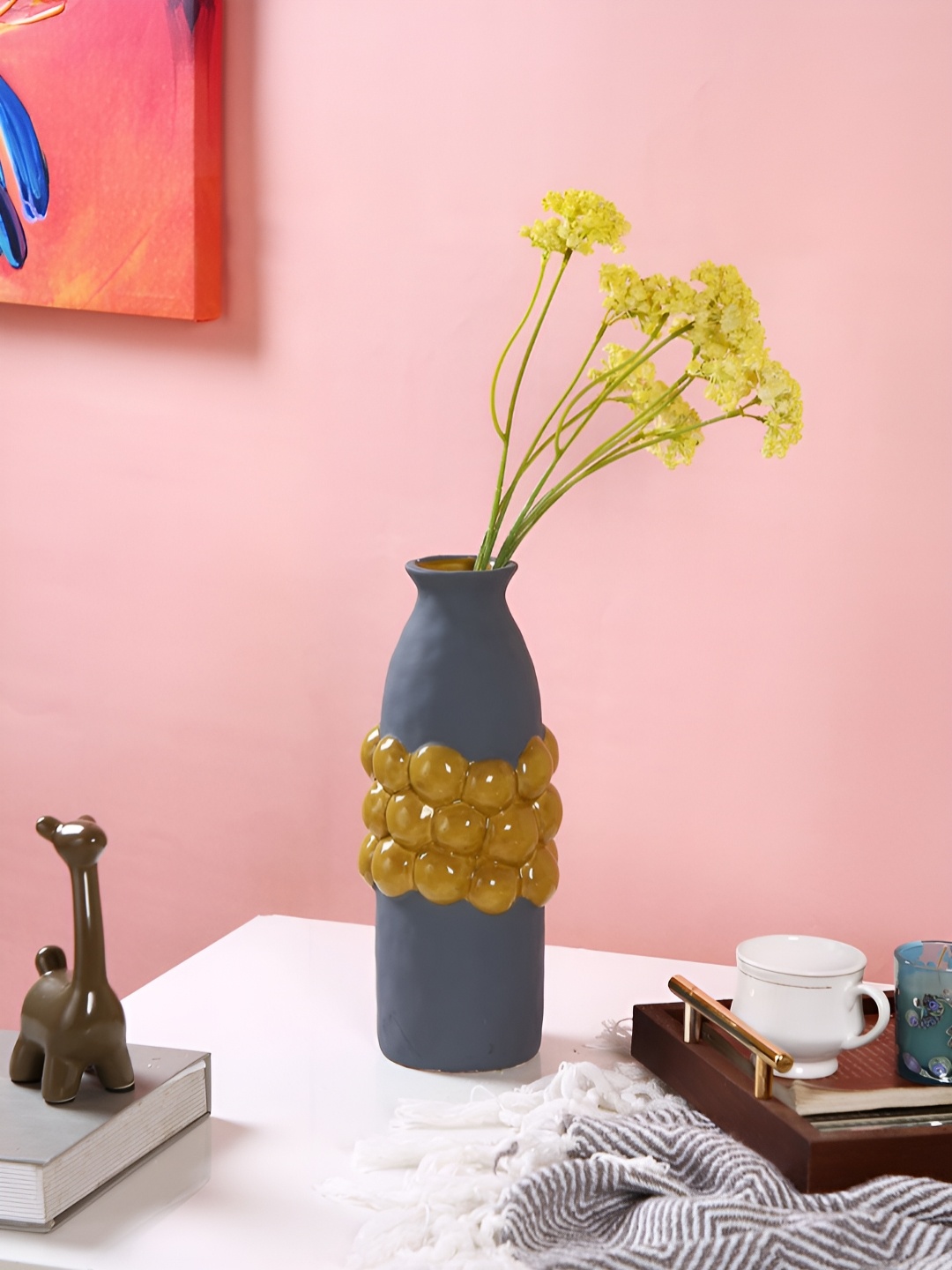 

TAYHAA Blue & Mustard Textured Ceramic Flower Vase