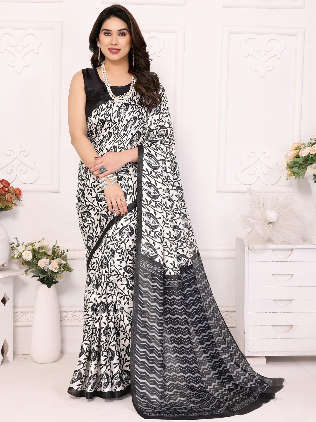 

ODETTE White Khadi Printed Saree With Unstitched Blouse For Women