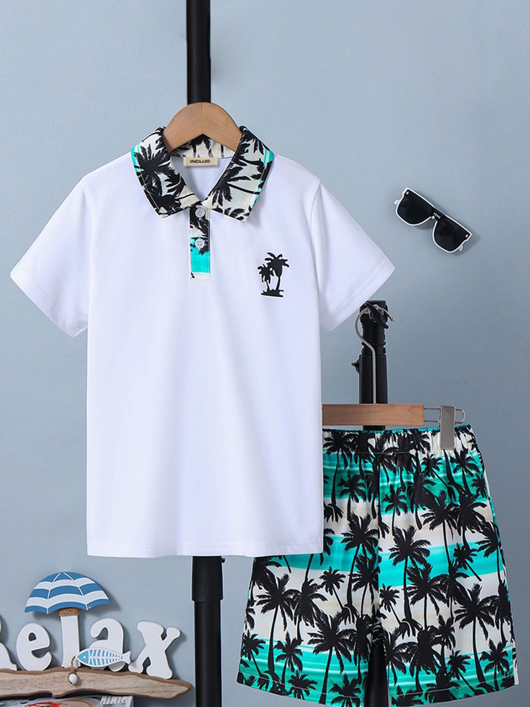 

INCLUD Boys Tropical Printed Polo Collar T-shirt Wth Shorts, Green