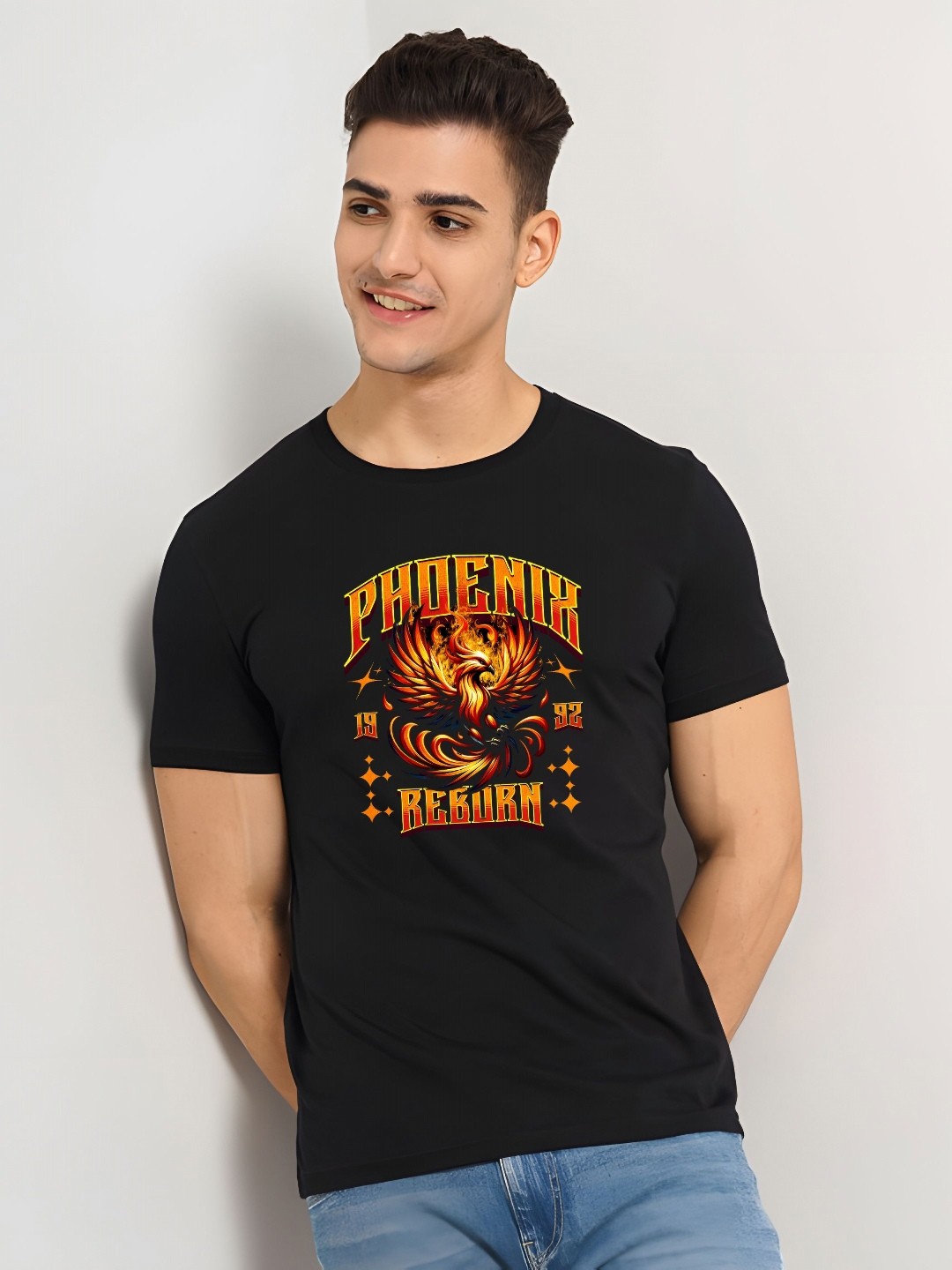 

THE BEETEL HOUSE Graphic Printed Half Sleeves Round Neck Pure Cotton T-shirt, Black