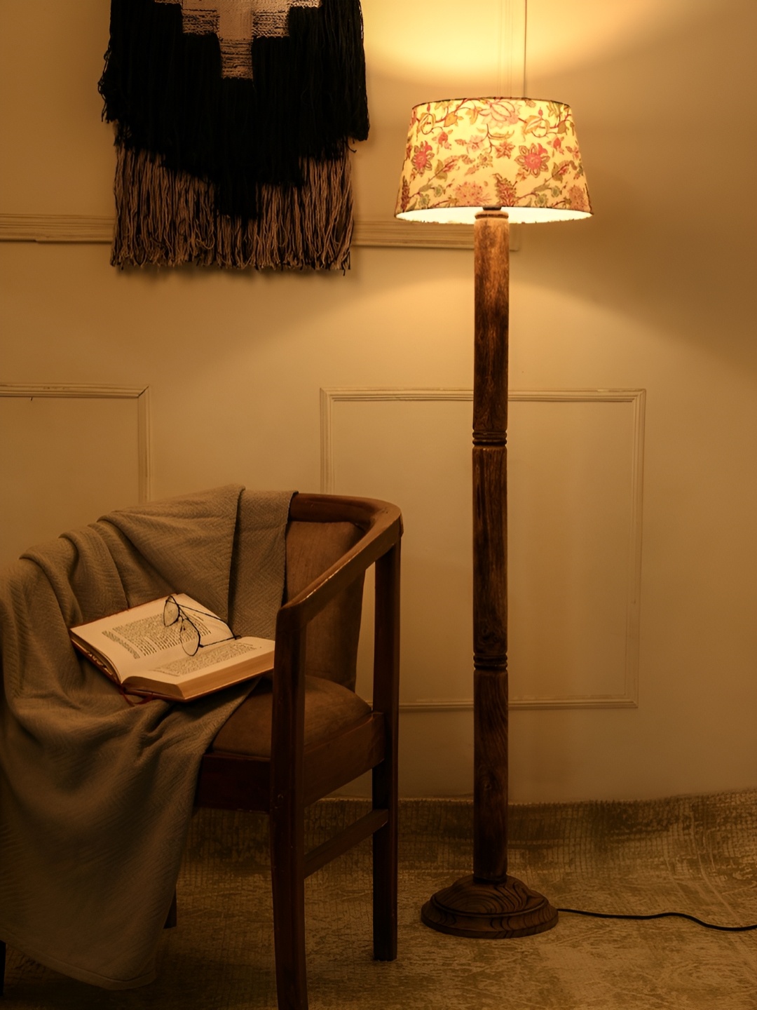 

green girgit Brown & White Floral Printed Frustum Shaped Wooden Taper Floor Lamp
