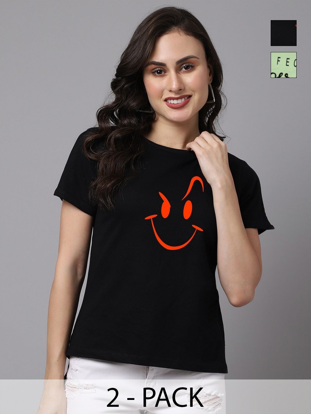 

Friskers Women Pack of 2 Graphic Printed Round Neck Cotton T-shirts, Black