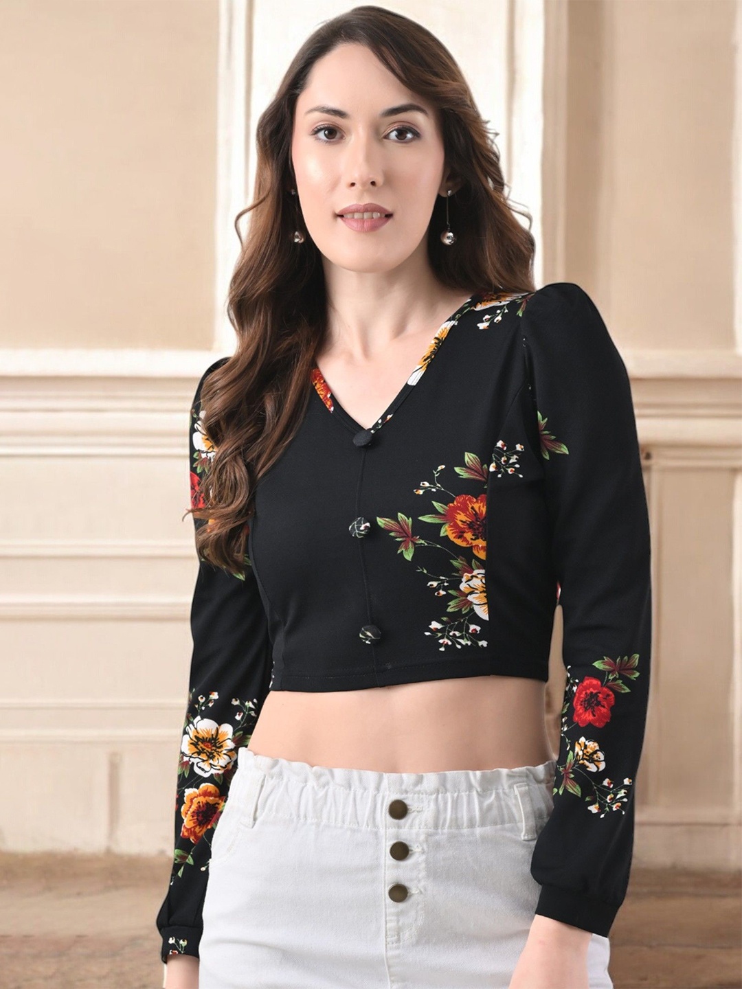 

ZEUGEN Women Floral Print Crop Top, Black
