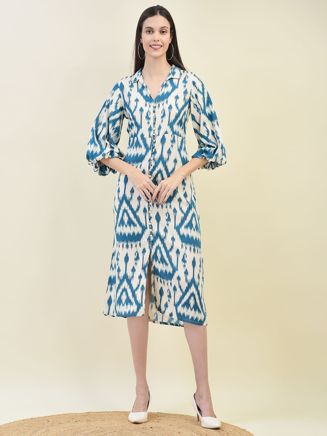 

Shree Women Printed Bishop Sleeve Liva A-Line Dress, Teal