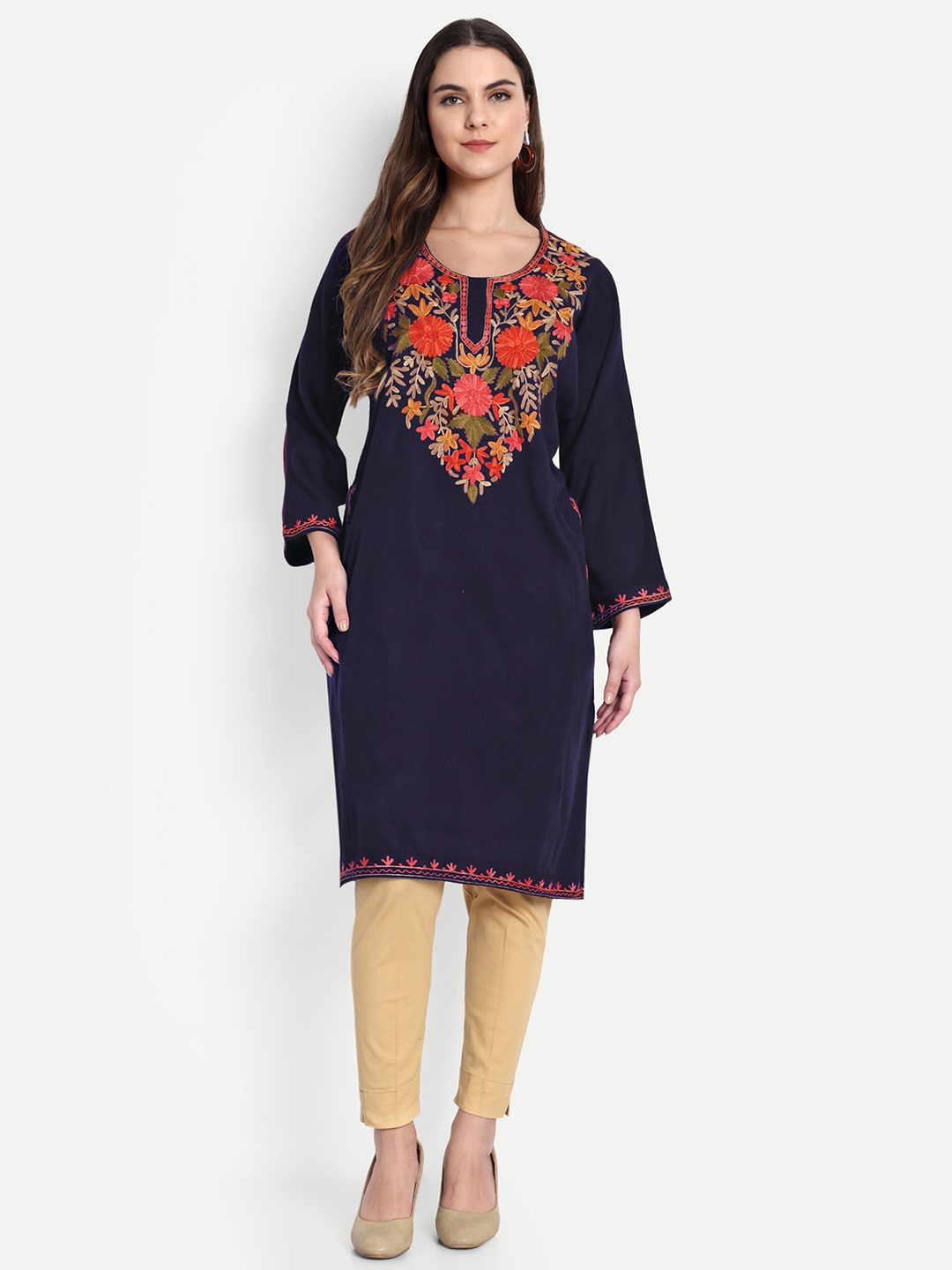 

HAUTEMODA Women Ethnic Motifs Thread Work Woollen Kurta, Navy blue