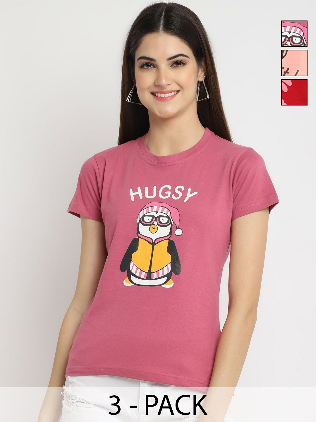 

Dreambe Women Pack of 3 Graphic Printed Round Neck Cotton T-shirts, Pink