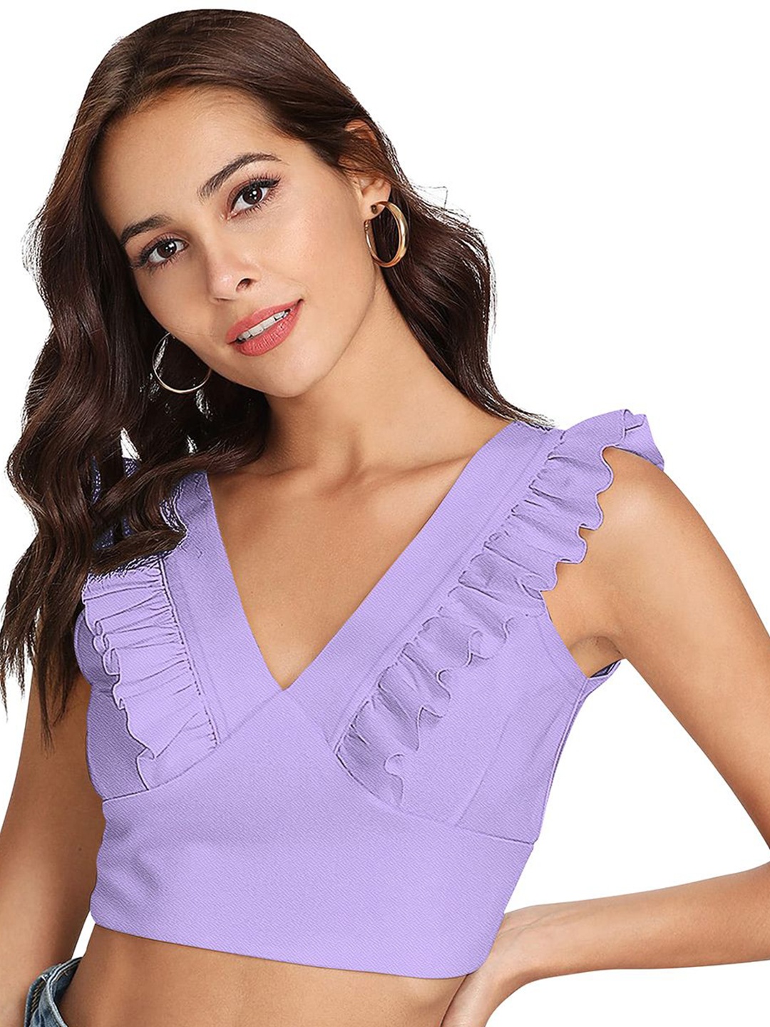 

S.K.C V-Neck Ruffles Fitted Crop Top, Purple