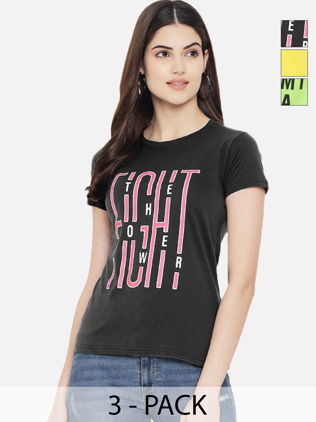 

Dreambe Women Pack of 3 Typography Printed Round Neck Cotton T-shirts, Black