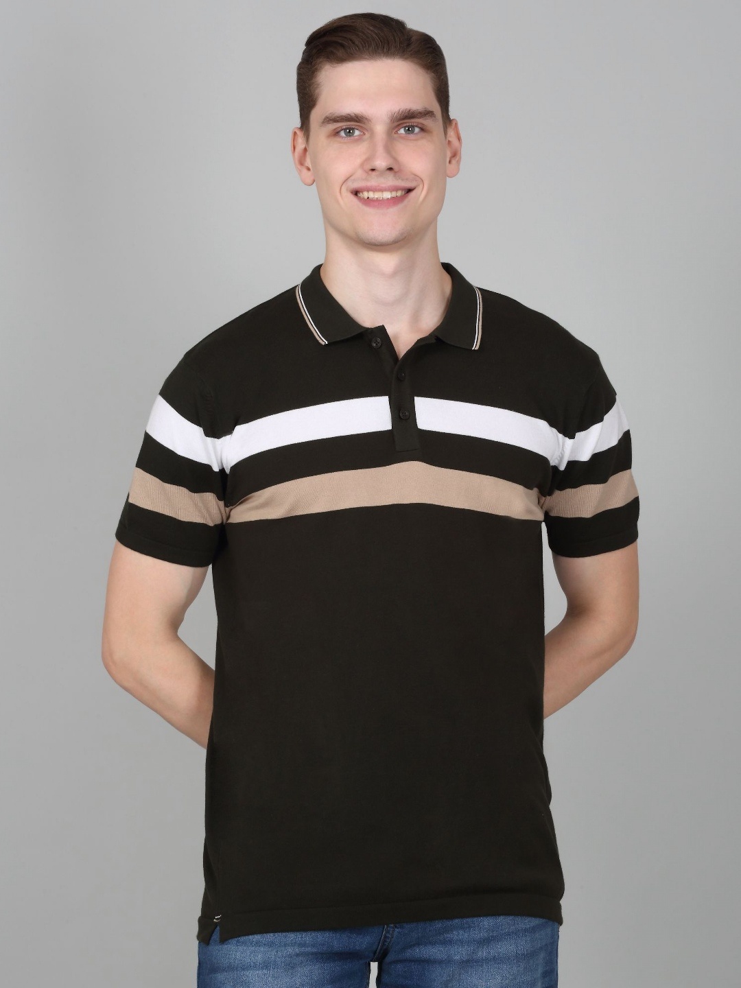 

Cantabil Men Striped Polo Collar T-shirt, Green