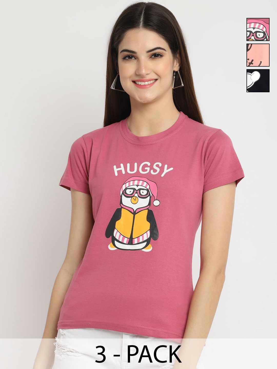 

Dreambe Women Pack of 3 Mickey Mouse Graphic Printed Round Neck Cotton T-shirts, Mauve