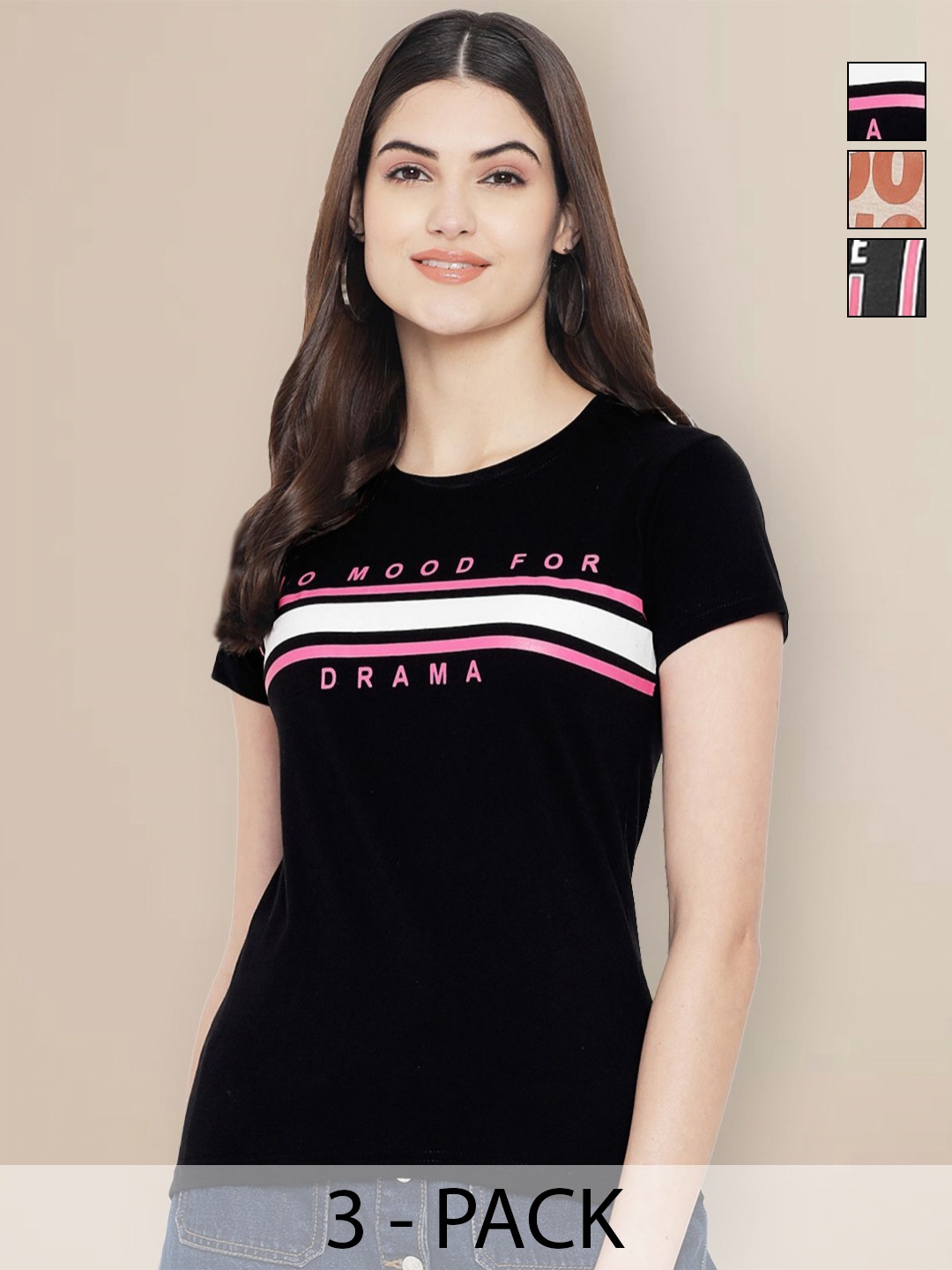 

Metronaut Women Pack of 3 Typography Printed Round Neck Cotton T-shirts, Black