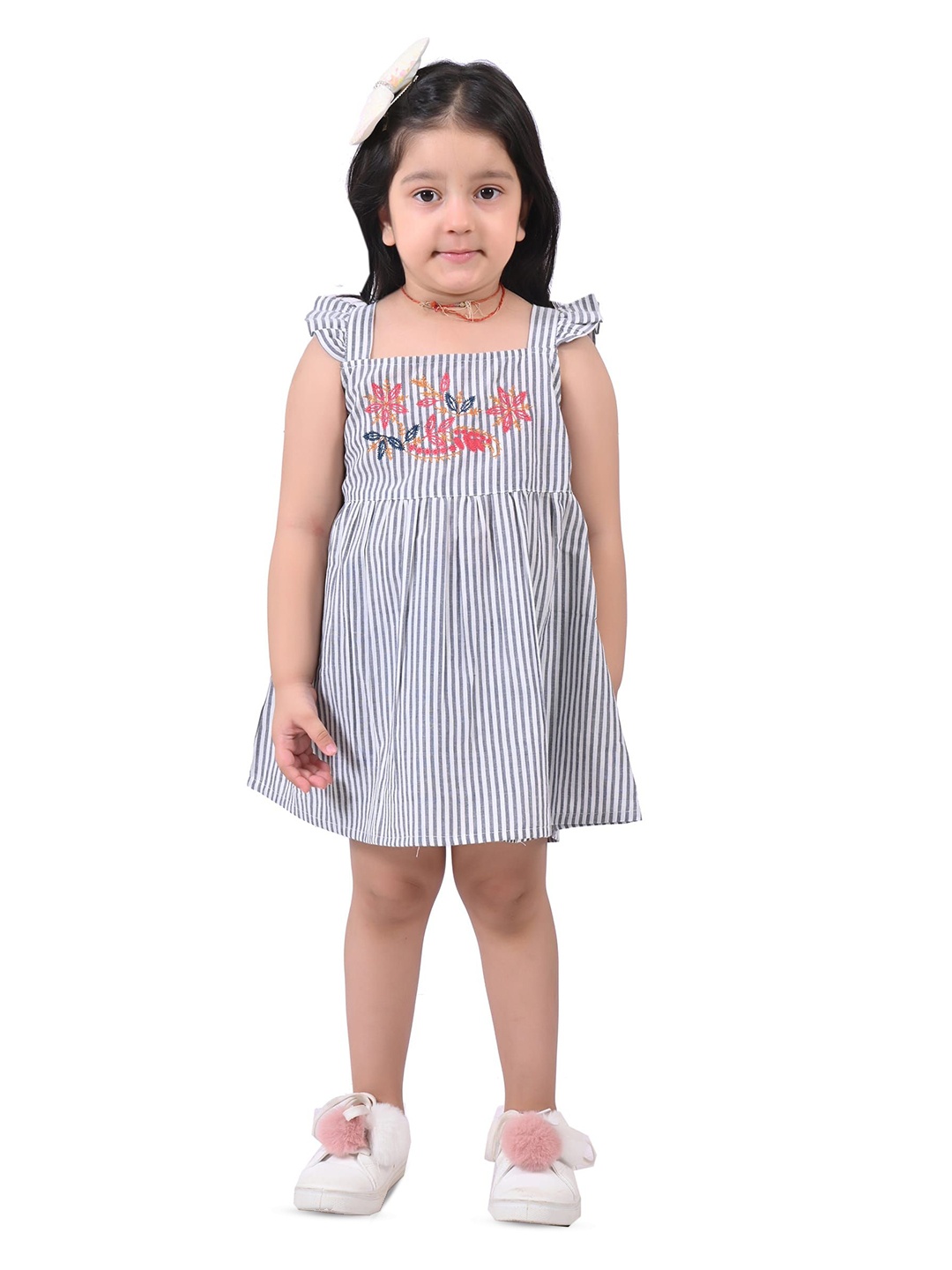 

Megha Overseas Girls Floral Embroidered A-Line Dress, Grey