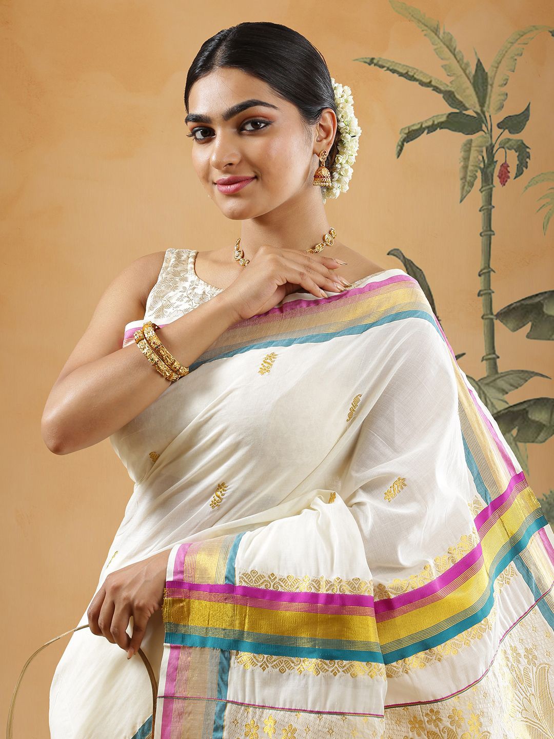 

Kalyan Silks Pure Cotton Woven Design Zari Kasavu Saree With Unstitched Blouse Piece, Off white