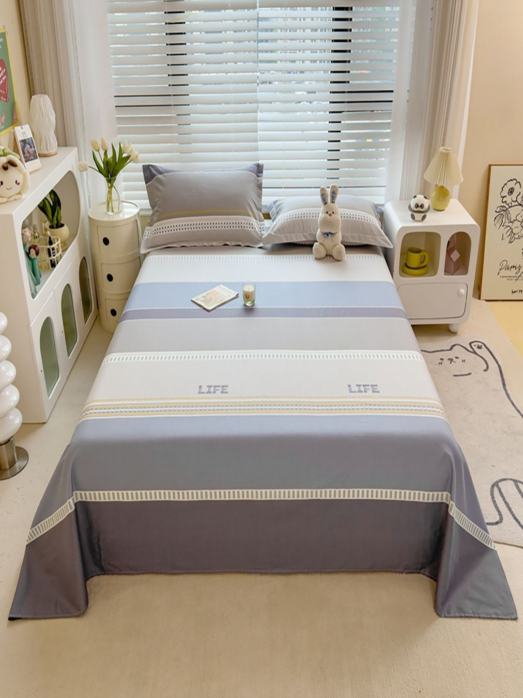 

JC HOME Grey & Blue Striped Pure Cotton 220TC Queen Bedsheet Set -1.80 m x 2.30 m