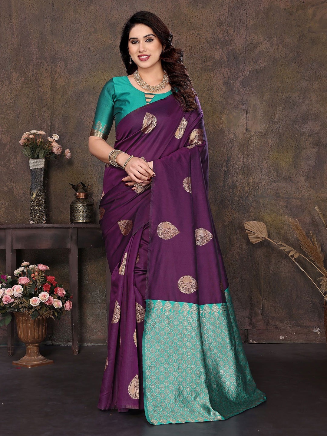 

ROOP SUNDARI SAREES Woven Design Zari Pure Silk Banarasi Saree, Purple
