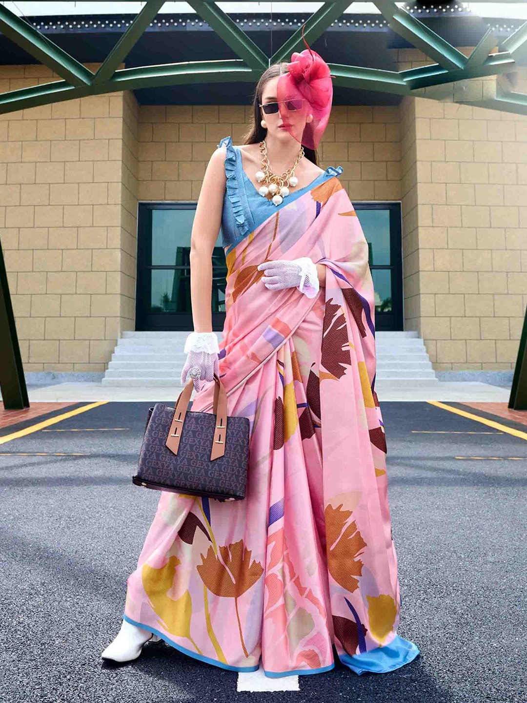 

Blissta Floral Printed Satin Saree, Pink