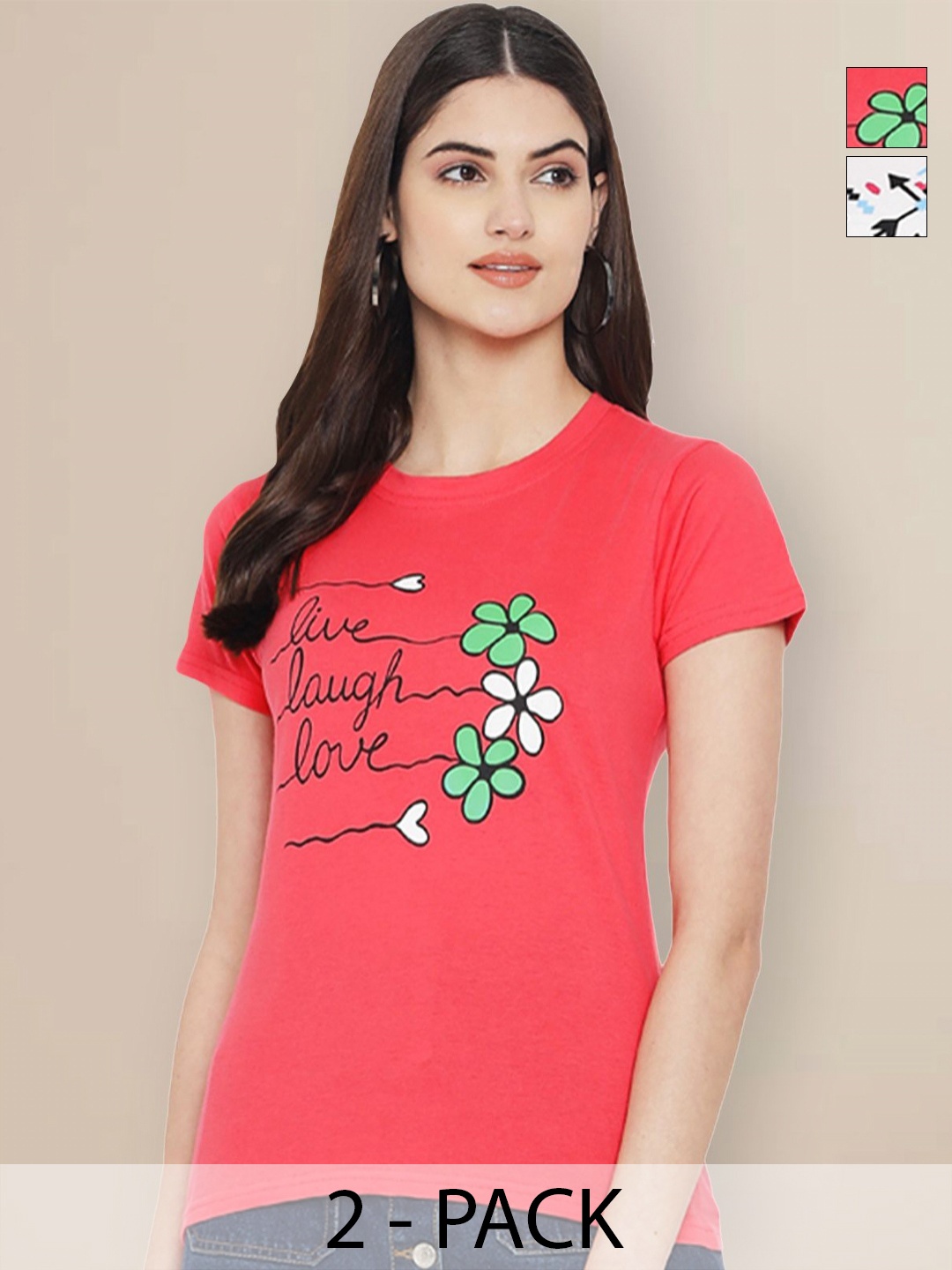 

GLOBAL NOMAD Women Pack of 2 Graphic Printed Round Neck Cotton T-shirts, Pink