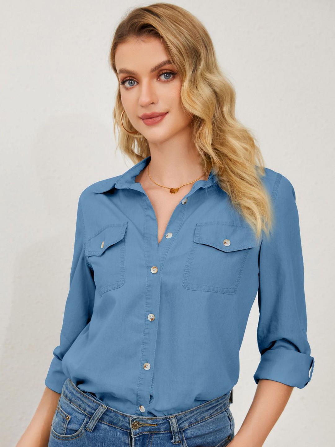 

StyleCast Women Regular Fit Spread Collar Solid Cotton Casual Shirt, Blue