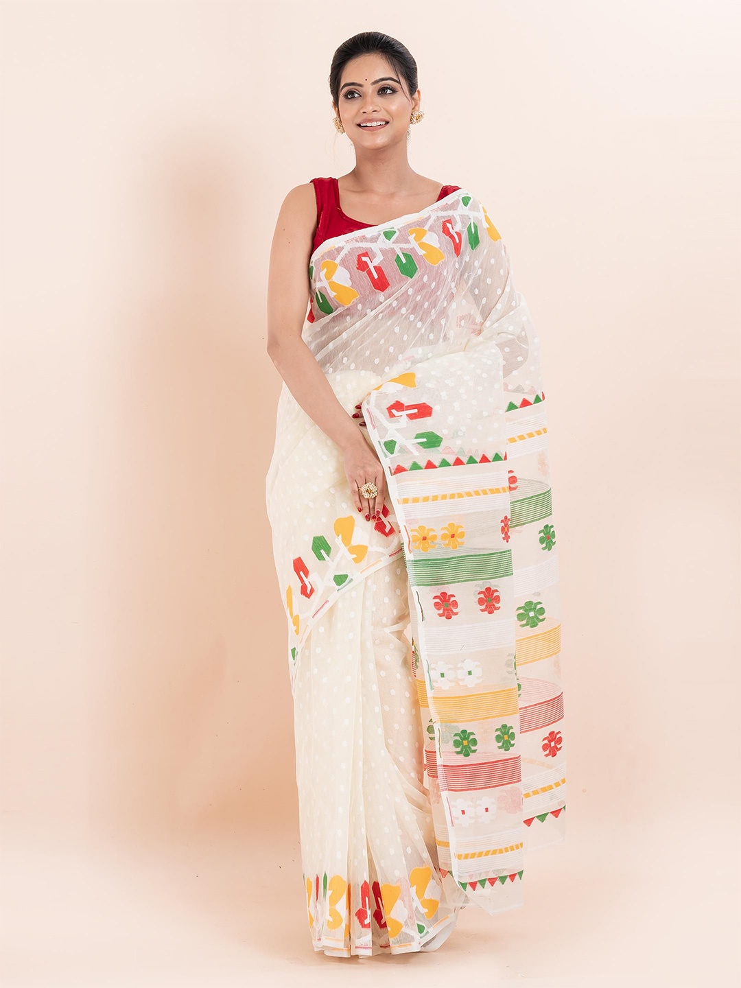 

PUKU Ethnic Motifs Jamdani Saree, White